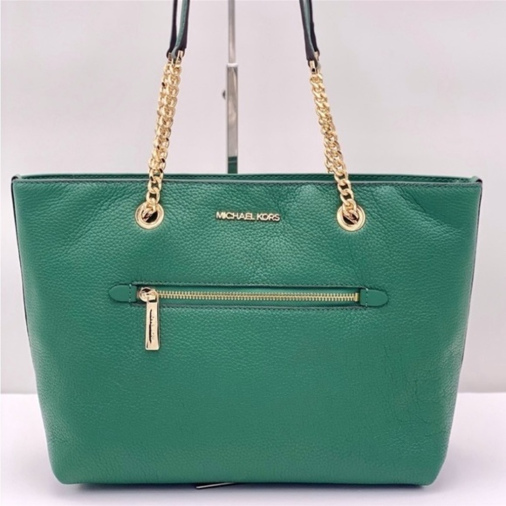Michael Kors Medium Front Zip Chain Tote Bag Leather JEWEL GREEN